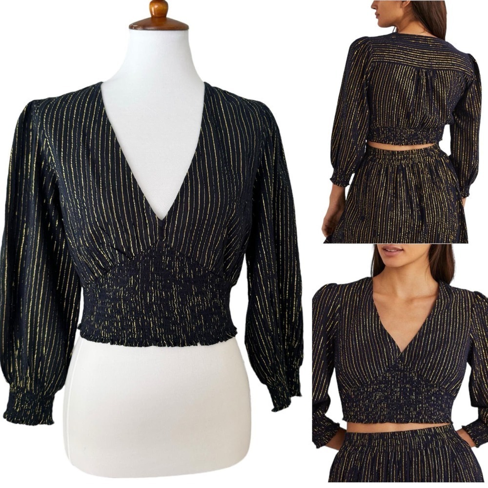 Boden Navy Gold Striped Lurex Smocked Cropped Blouse Top Size 8